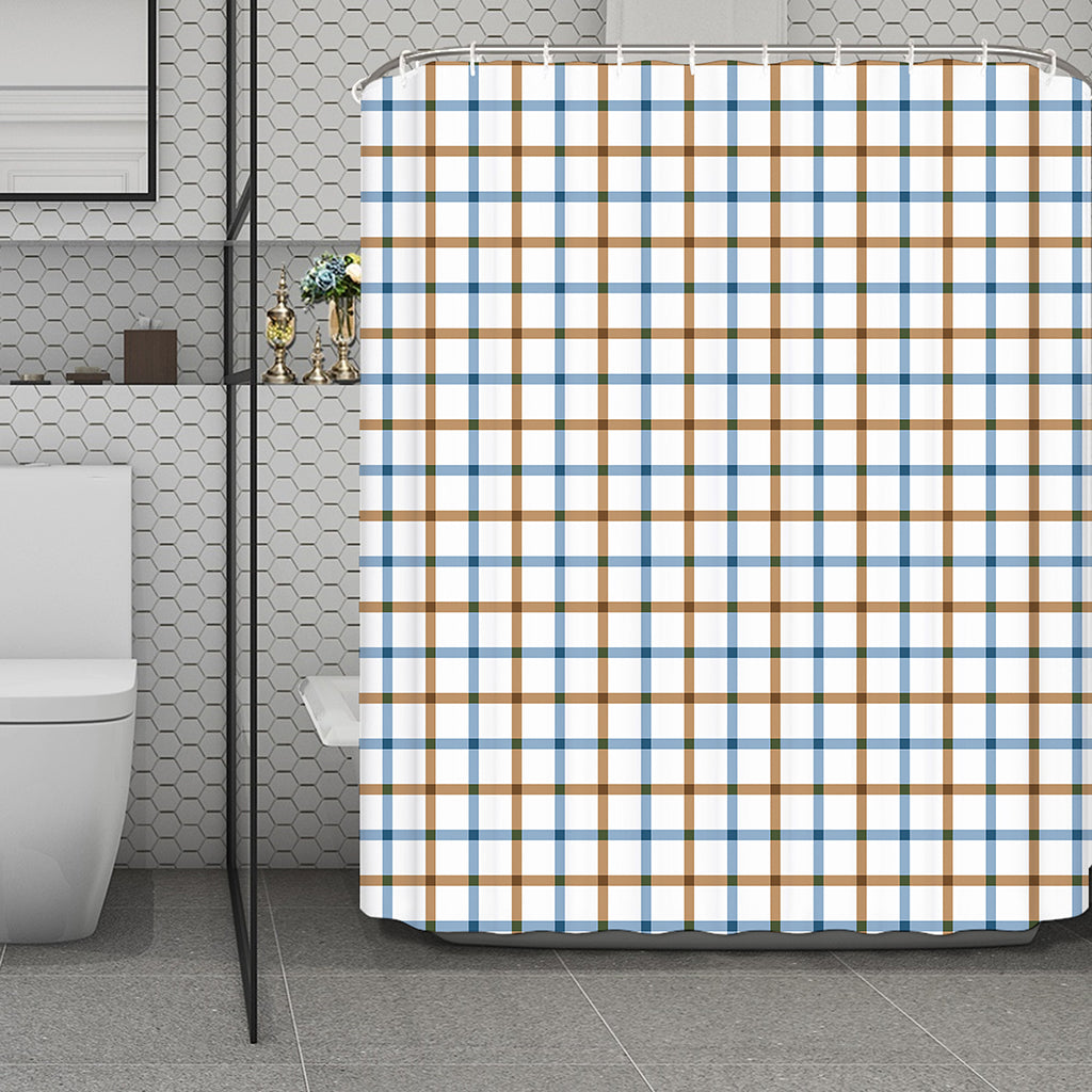 Blue And Brown Tattersall Pattern Print Polyester Shower Curtain