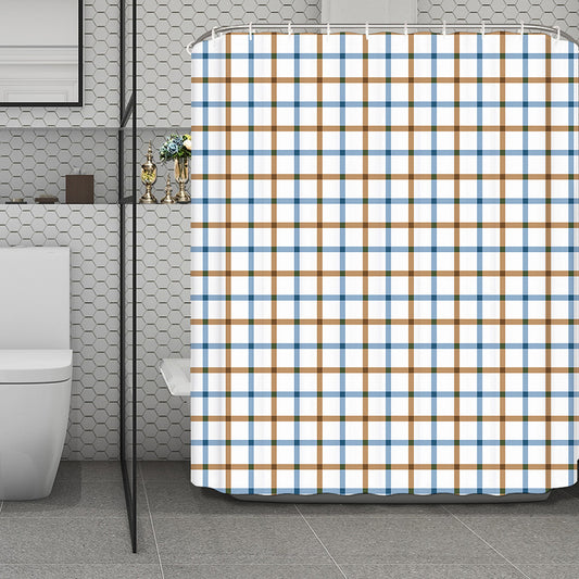Blue And Brown Tattersall Pattern Print Polyester Shower Curtain