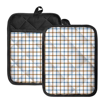 Blue And Brown Tattersall Pattern Print Pot Holders With Pocket