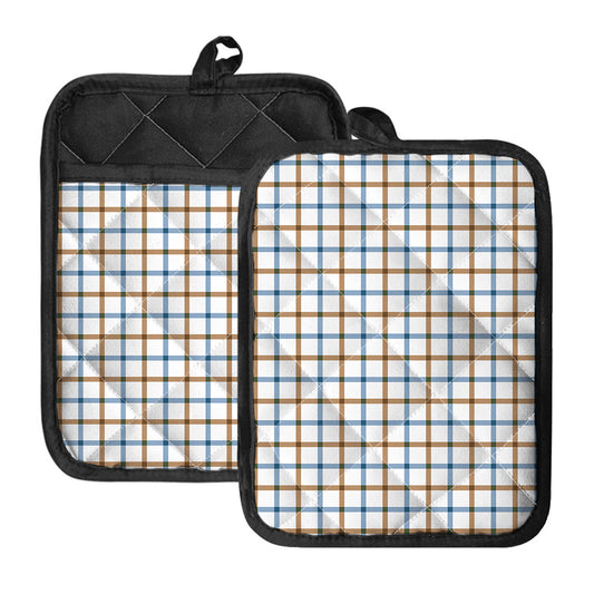 Blue And Brown Tattersall Pattern Print Pot Holders With Pocket