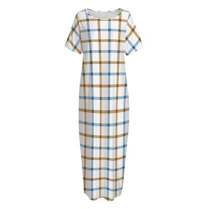 Blue And Brown Tattersall Pattern Print Short Sleeve Long Nightdress