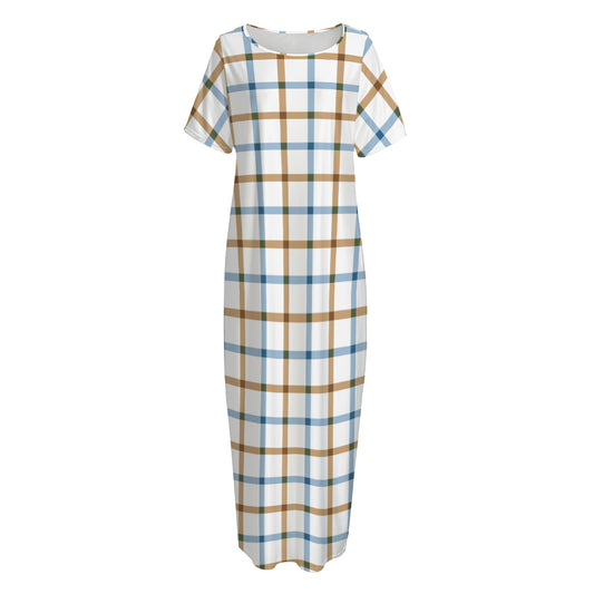 Blue And Brown Tattersall Pattern Print Short Sleeve Long Nightdress