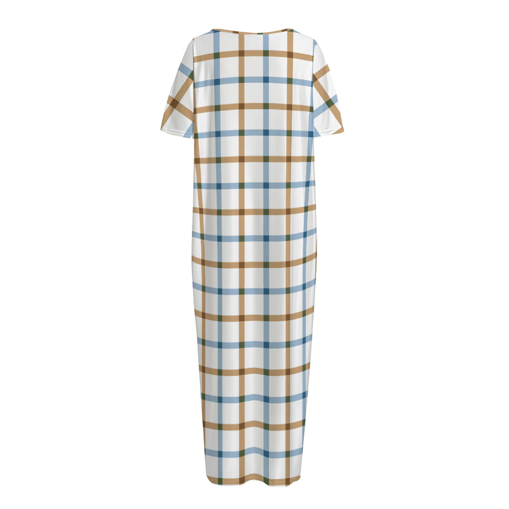 Blue And Brown Tattersall Pattern Print Short Sleeve Long Nightdress