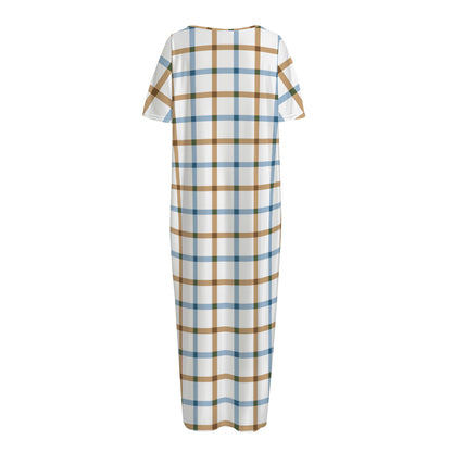 Blue And Brown Tattersall Pattern Print Short Sleeve Long Nightdress