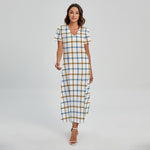 Blue And Brown Tattersall Pattern Print Short Sleeve Maxi Dress