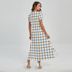 Blue And Brown Tattersall Pattern Print Short Sleeve Maxi Dress