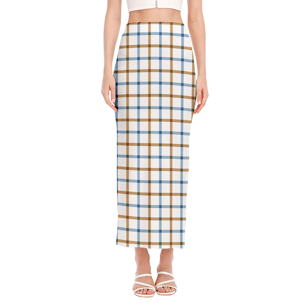 Blue And Brown Tattersall Pattern Print Side Slit Maxi Skirt