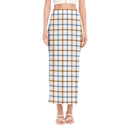 Blue And Brown Tattersall Pattern Print Side Slit Maxi Skirt