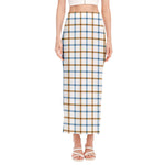 Blue And Brown Tattersall Pattern Print Side Slit Maxi Skirt