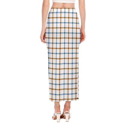 Blue And Brown Tattersall Pattern Print Side Slit Maxi Skirt