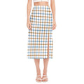 Blue And Brown Tattersall Pattern Print Side Slit Midi Skirt