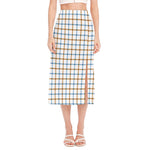 Blue And Brown Tattersall Pattern Print Side Slit Midi Skirt