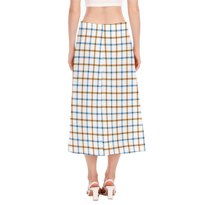 Blue And Brown Tattersall Pattern Print Side Slit Midi Skirt