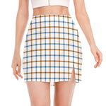 Blue And Brown Tattersall Pattern Print Side Slit Mini Skirt