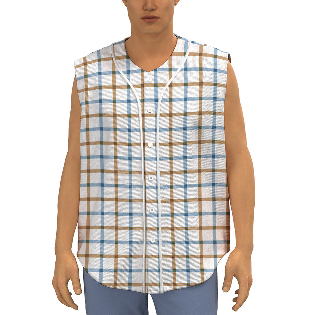 Blue And Brown Tattersall Pattern Print Sleeveless Baseball Jersey