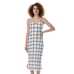 Blue And Brown Tattersall Pattern Print Slim Fit Midi Cami Dress