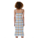 Blue And Brown Tattersall Pattern Print Slim Fit Midi Cami Dress