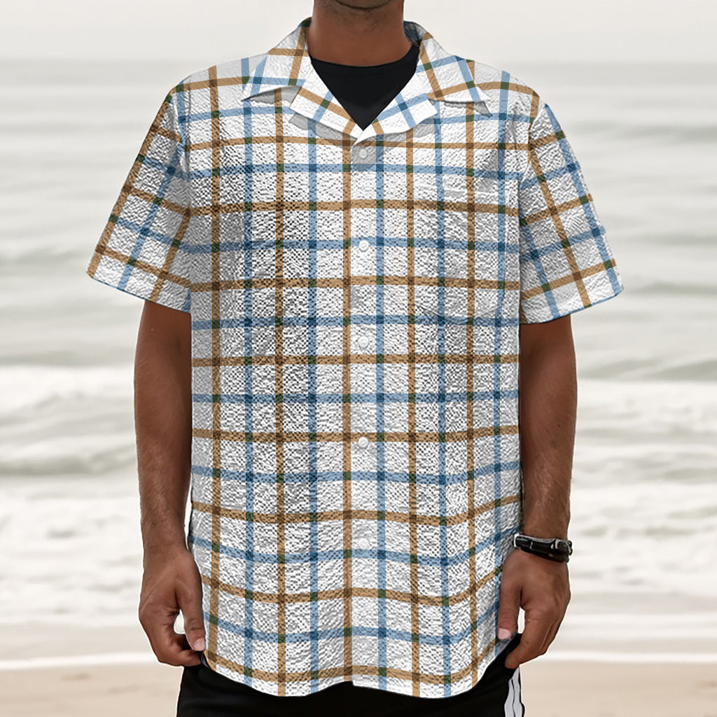Blue And Brown Tattersall Pattern Print Textured Short Sleeve Shirt
