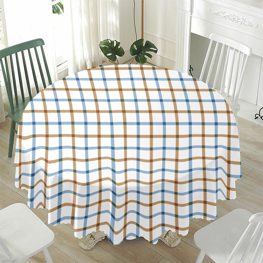 Blue And Brown Tattersall Pattern Print Waterproof Round Tablecloth