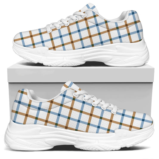 Blue And Brown Tattersall Pattern Print White Chunky Shoes