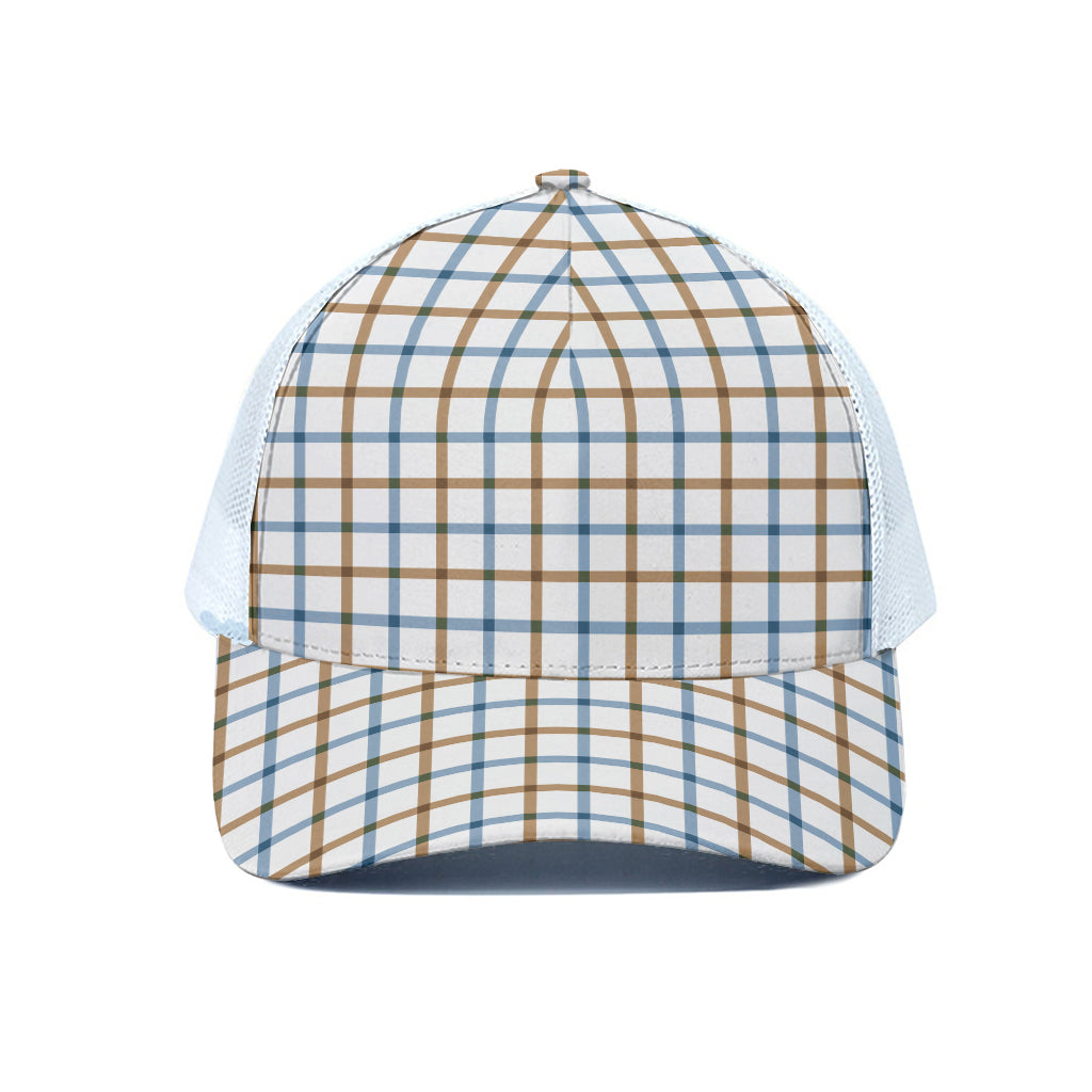 Blue And Brown Tattersall Pattern Print White Mesh Trucker Cap