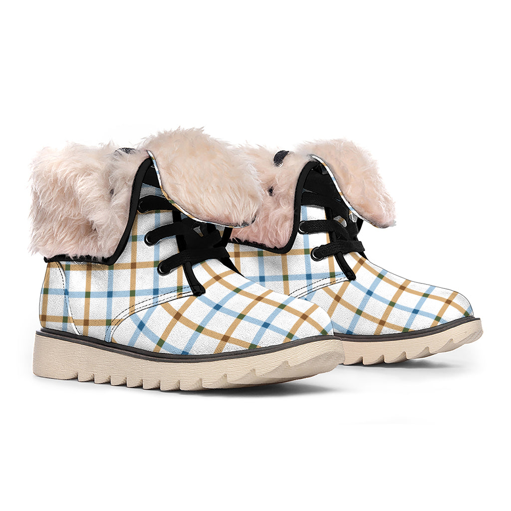 Blue And Brown Tattersall Pattern Print Winter Boots