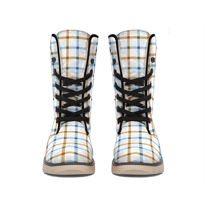 Blue And Brown Tattersall Pattern Print Winter Boots