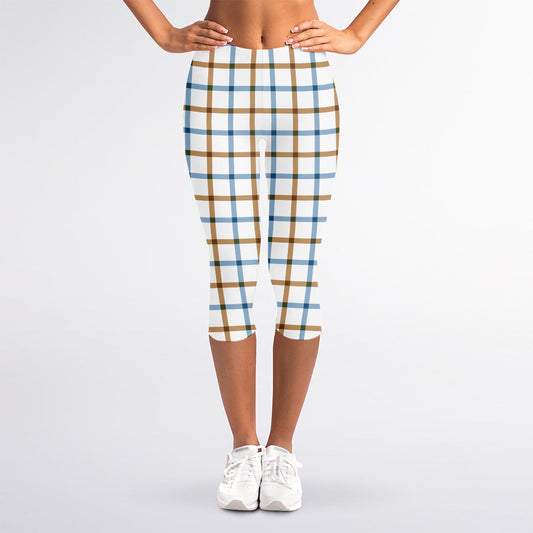 Blue And Brown Tattersall Pattern Print Women's Capri Leggings