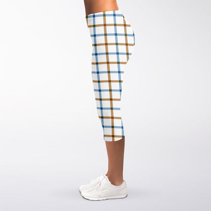 Blue And Brown Tattersall Pattern Print Women's Capri Leggings