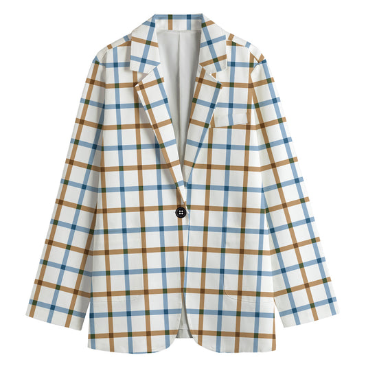 Blue And Brown Tattersall Pattern Print Women's Cotton Blazer