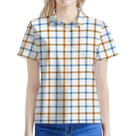 Blue And Brown Tattersall Pattern Print Women's Polo Shirt