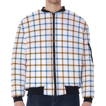 Blue And Brown Tattersall Pattern Print Zip Sleeve Bomber Jacket