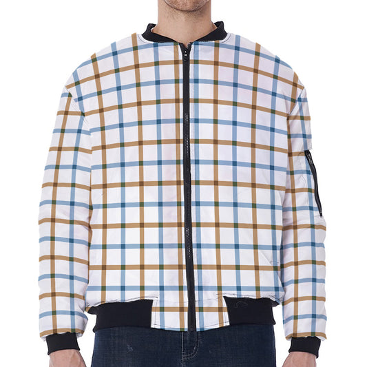 Blue And Brown Tattersall Pattern Print Zip Sleeve Bomber Jacket