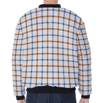 Blue And Brown Tattersall Pattern Print Zip Sleeve Bomber Jacket