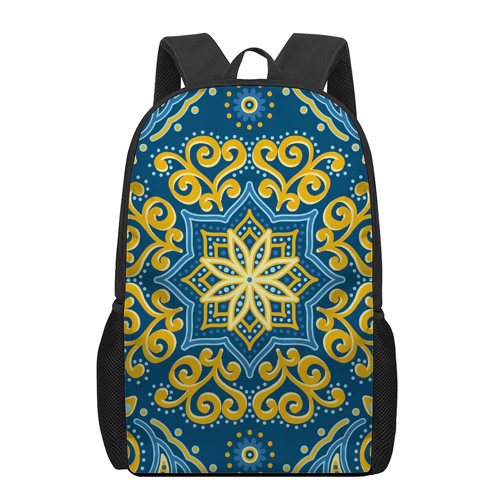 Blue And Gold Bohemian Mandala Print 17 Inch Backpack