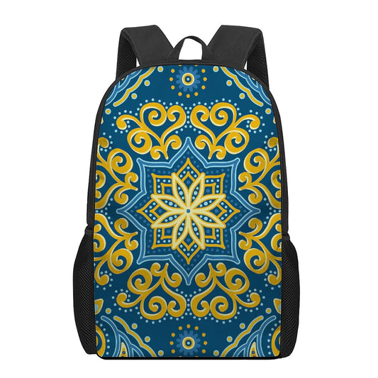 Blue And Gold Bohemian Mandala Print 17 Inch Backpack