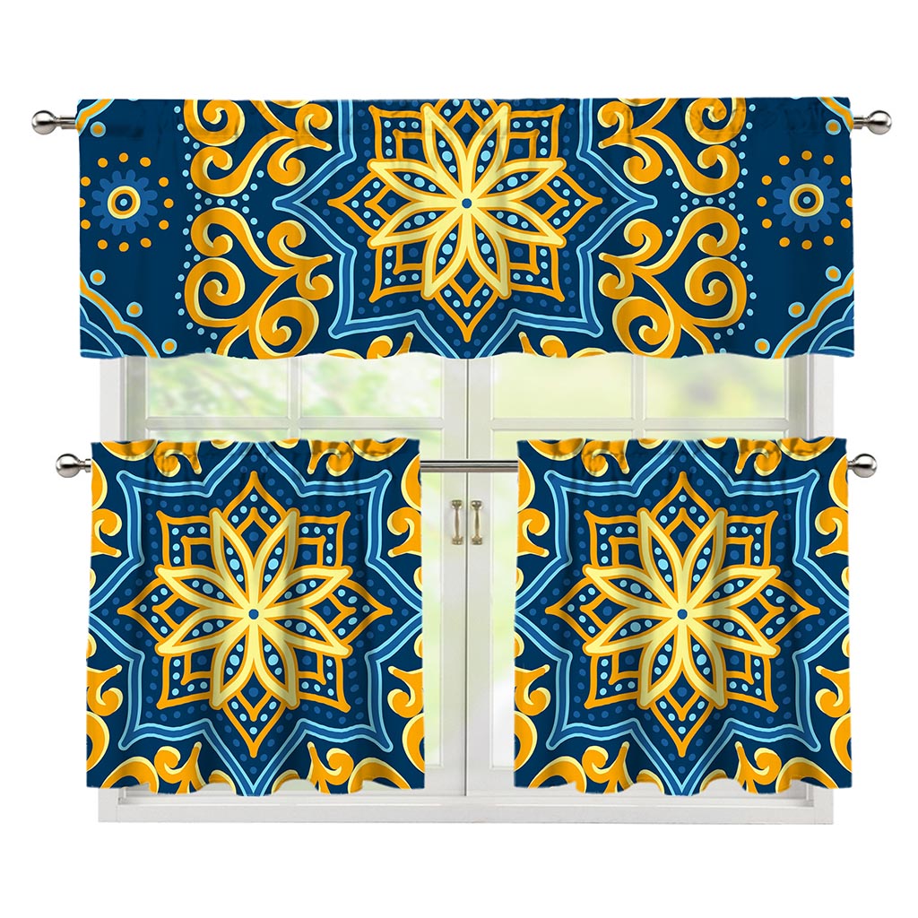 Blue And Gold Bohemian Mandala Print 3 Piece Kitchen Curtains