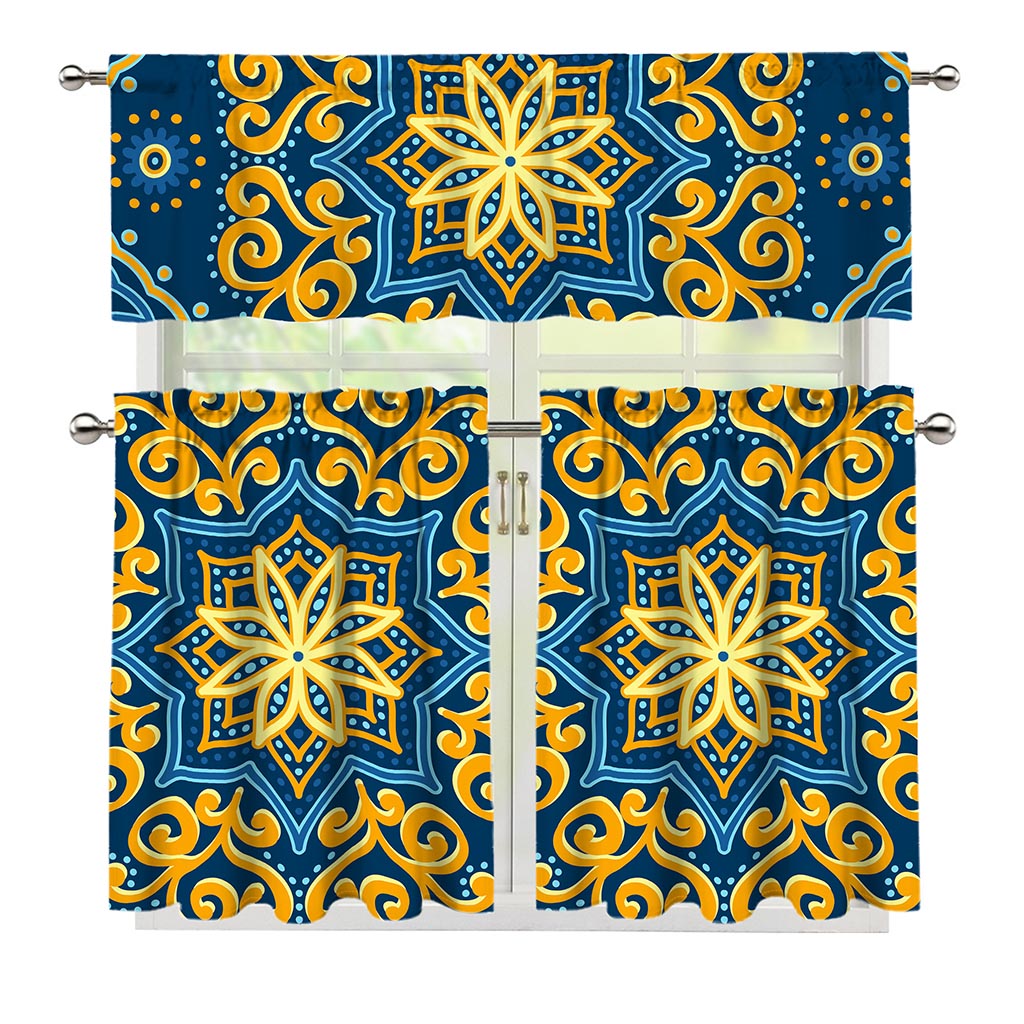 Blue And Gold Bohemian Mandala Print 3 Piece Kitchen Curtains