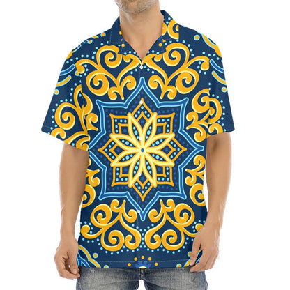 Blue And Gold Bohemian Mandala Print Aloha Shirt