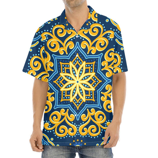 Blue And Gold Bohemian Mandala Print Aloha Shirt