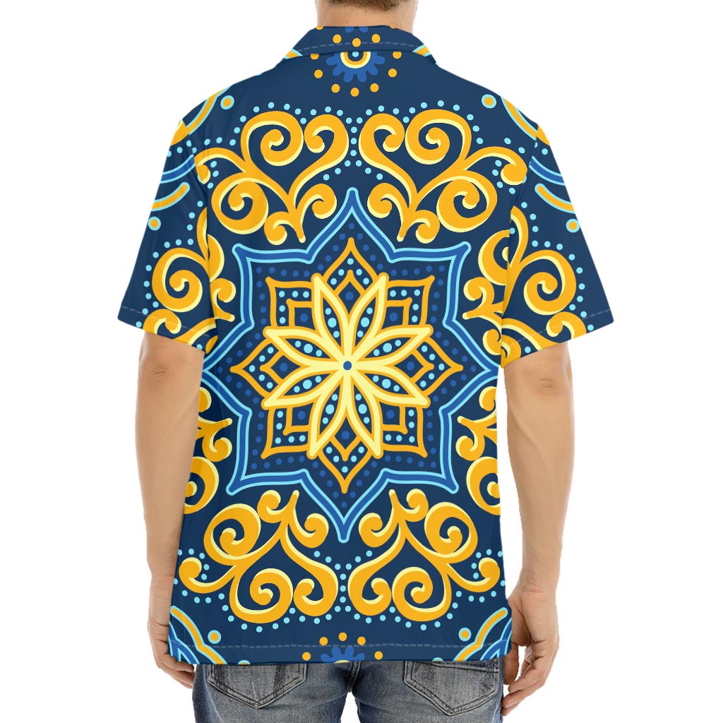 Blue And Gold Bohemian Mandala Print Aloha Shirt