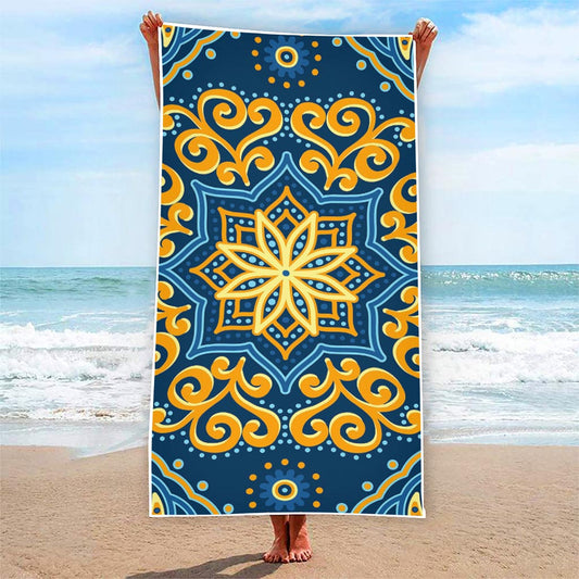 Blue And Gold Bohemian Mandala Print Beach Towel