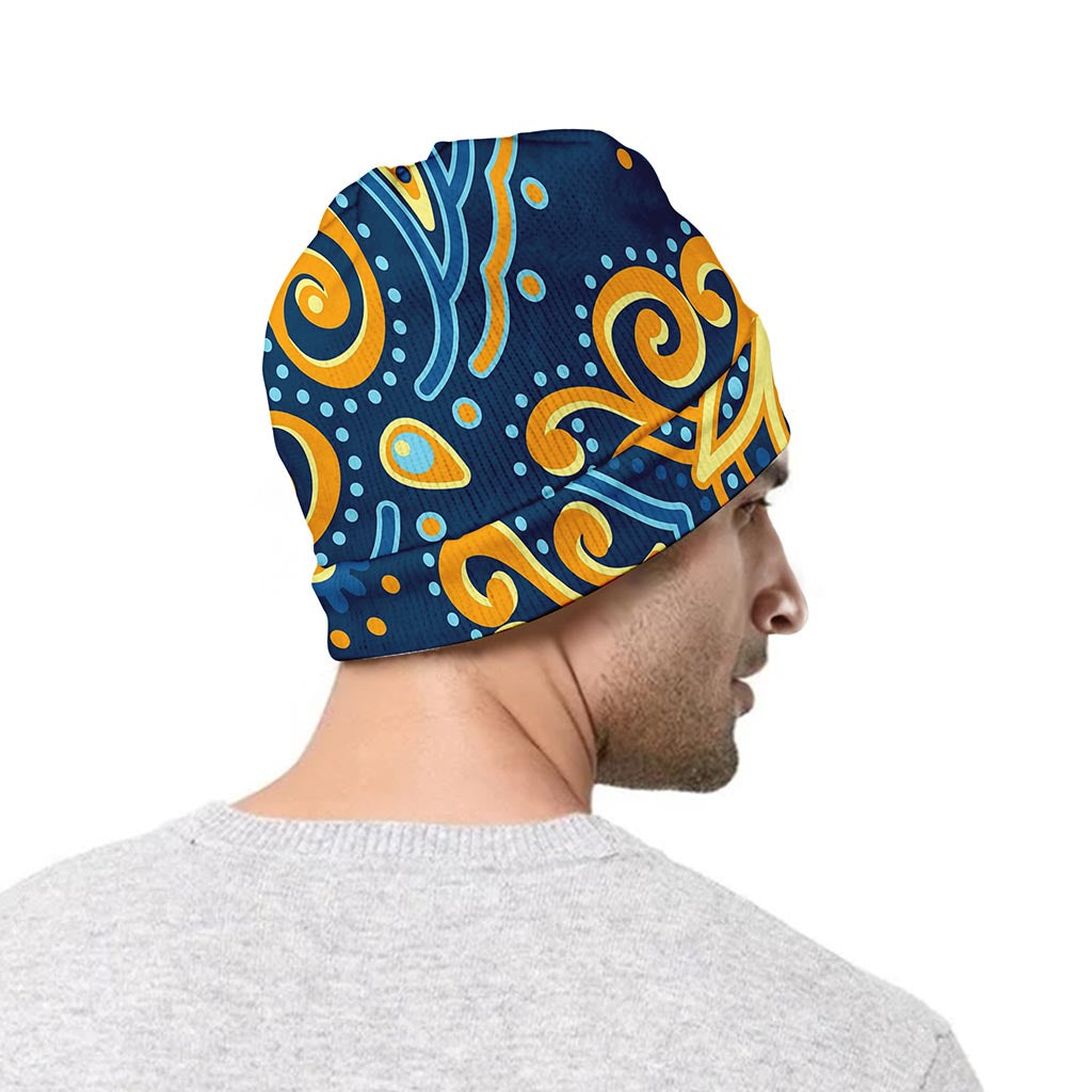Blue And Gold Bohemian Mandala Print Beanie