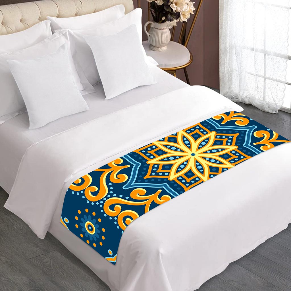 Blue And Gold Bohemian Mandala Print Bed Runner