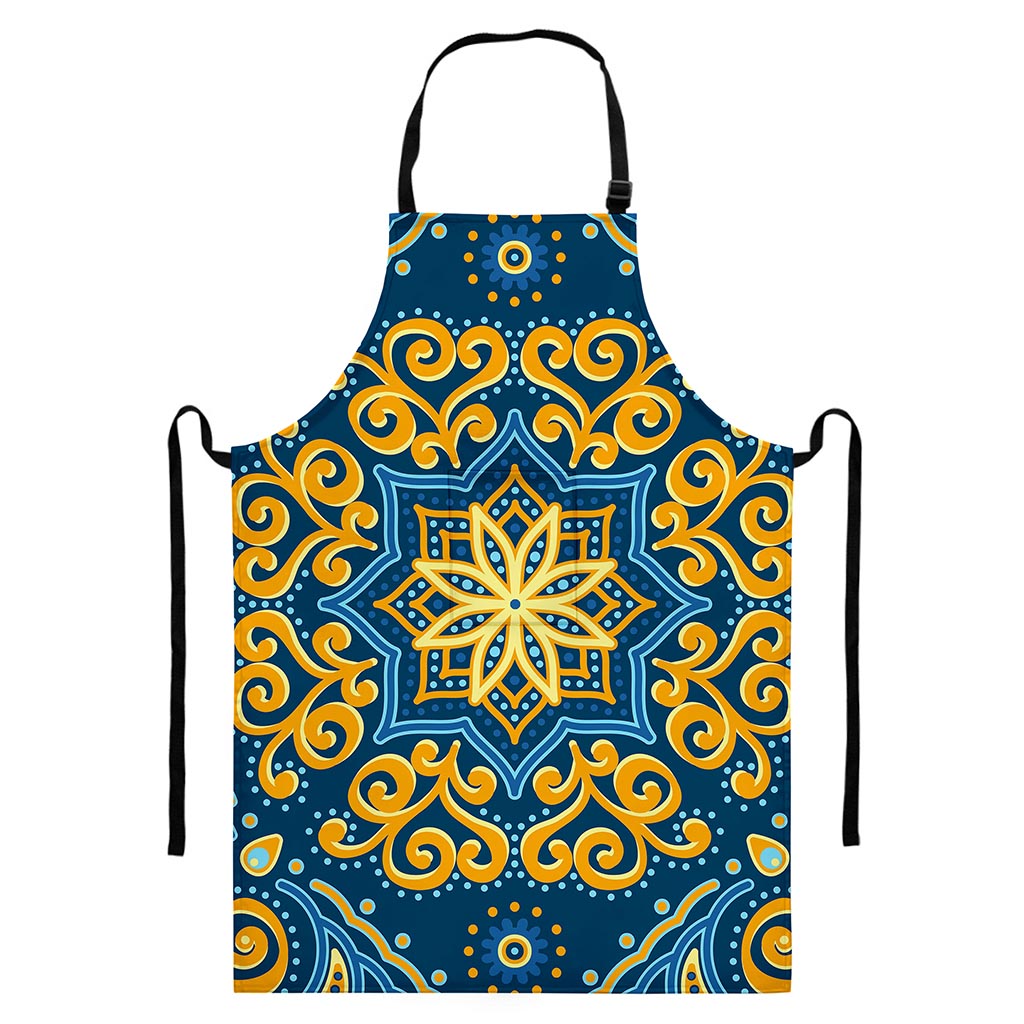 Blue And Gold Bohemian Mandala Print Bib Apron With Pocket