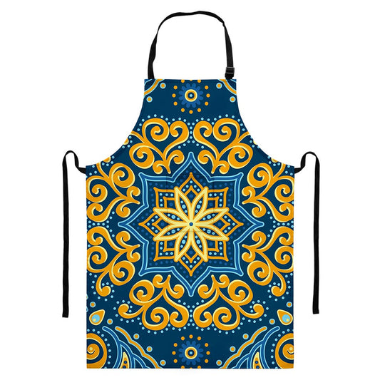 Blue And Gold Bohemian Mandala Print Bib Apron With Pocket