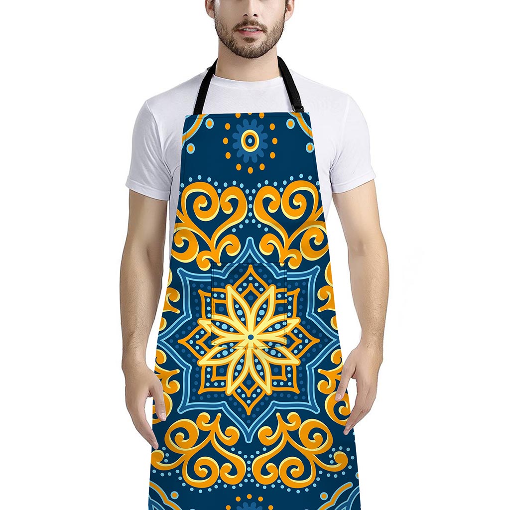 Blue And Gold Bohemian Mandala Print Bib Apron With Pocket