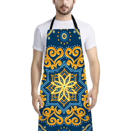Blue And Gold Bohemian Mandala Print Bib Apron With Pocket