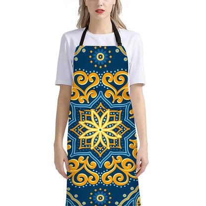 Blue And Gold Bohemian Mandala Print Bib Apron With Pocket