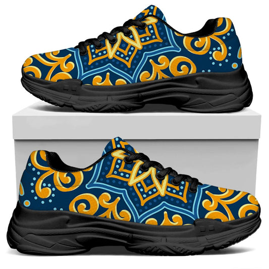Blue And Gold Bohemian Mandala Print Black Chunky Shoes